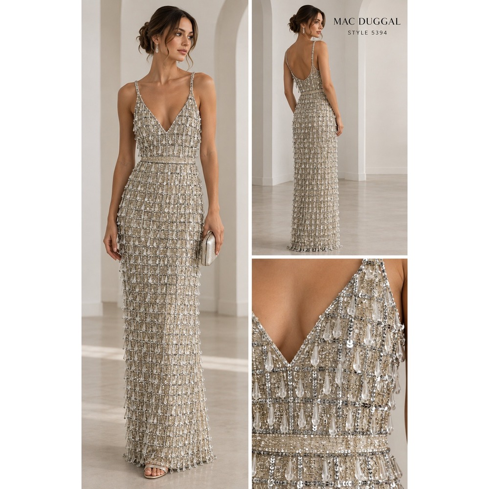 Mac Duggal 5394 Gown 8 Nude Silver Sequin Beaded Formal Wedding Guest 5394